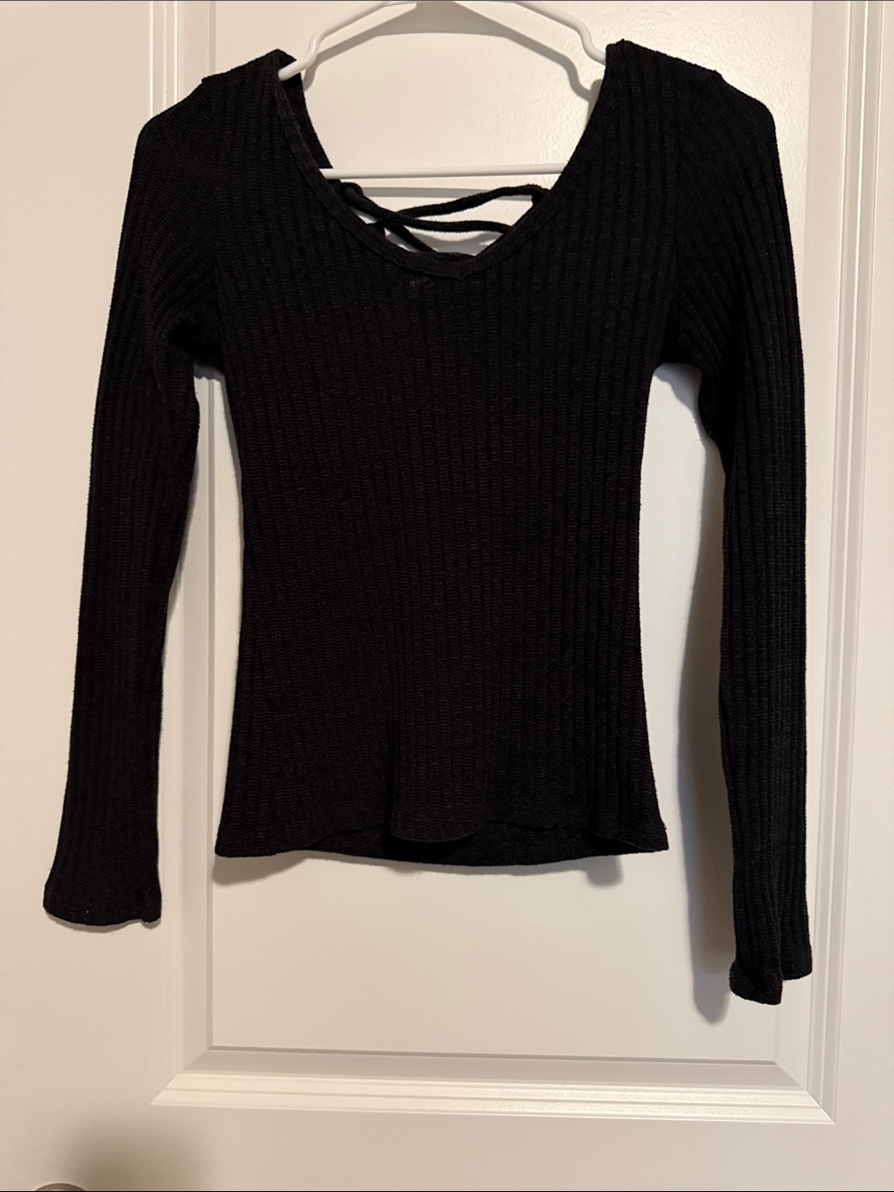 Polly & Esther Black Ribbed Long Sleeve Top with Crisscross Back Detail